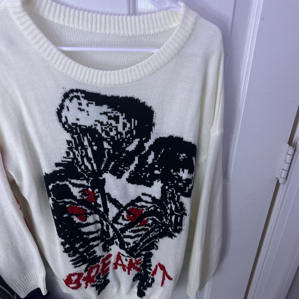 SHEIN Cream and Black Crew Neck Sweater with Graphic Design